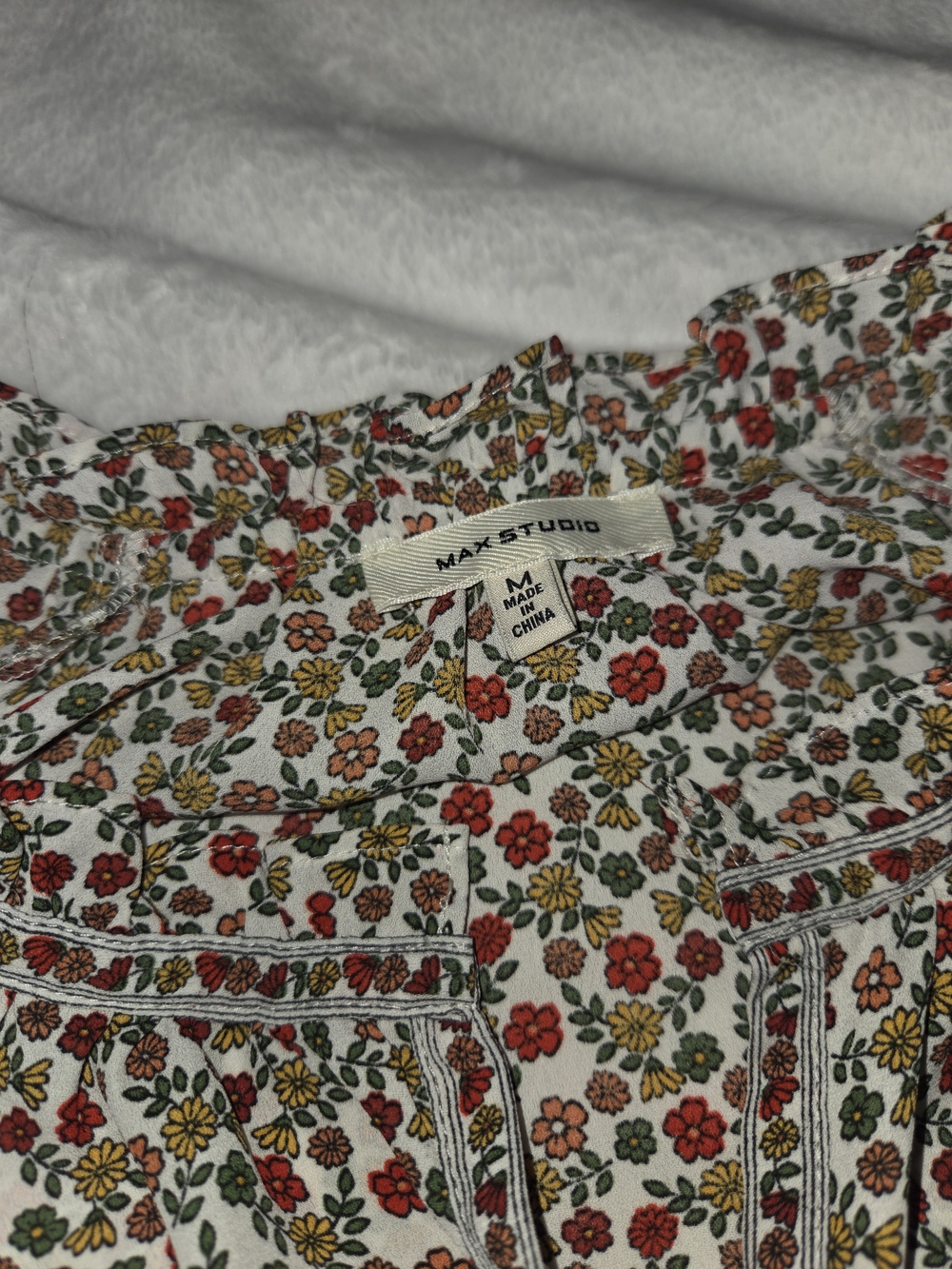 Max Studio White Floral Peasant Blouse with Red, Yellow & Green Detail